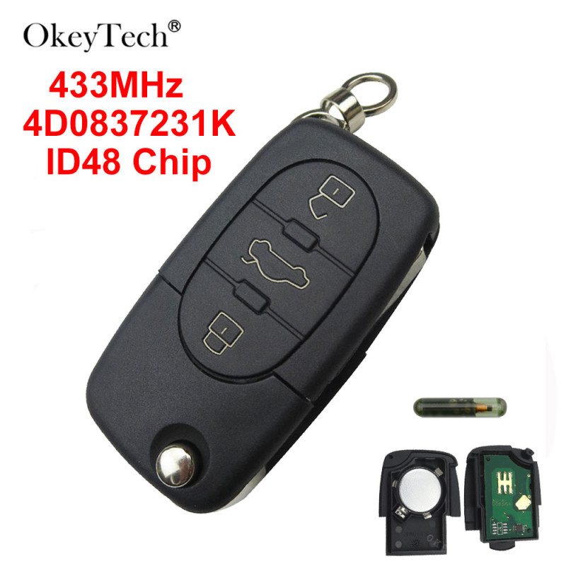 Okeytech 3 Knapp 433mhz 4d0837231k Id48 Transponder Chip För Audi A6 Tt Gammal Modeller Hopfällbar Flip Nyckel