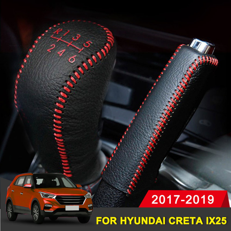 Redskap Huvud Covers Handbroms Omslag Interiör Läder Handstitched Flytta Knopp För Hyundai Creta Ix25 2019 Tillbehör